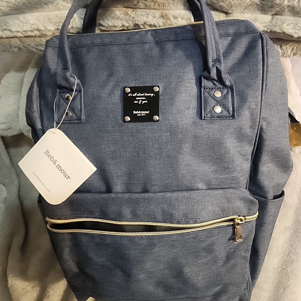 Beba Amour Denim Blue Backpack Tote with Gold Hardware